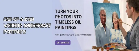 Custom wedding anniversary portrait turning a couple’s photo into a hand‑painted oil artwork.